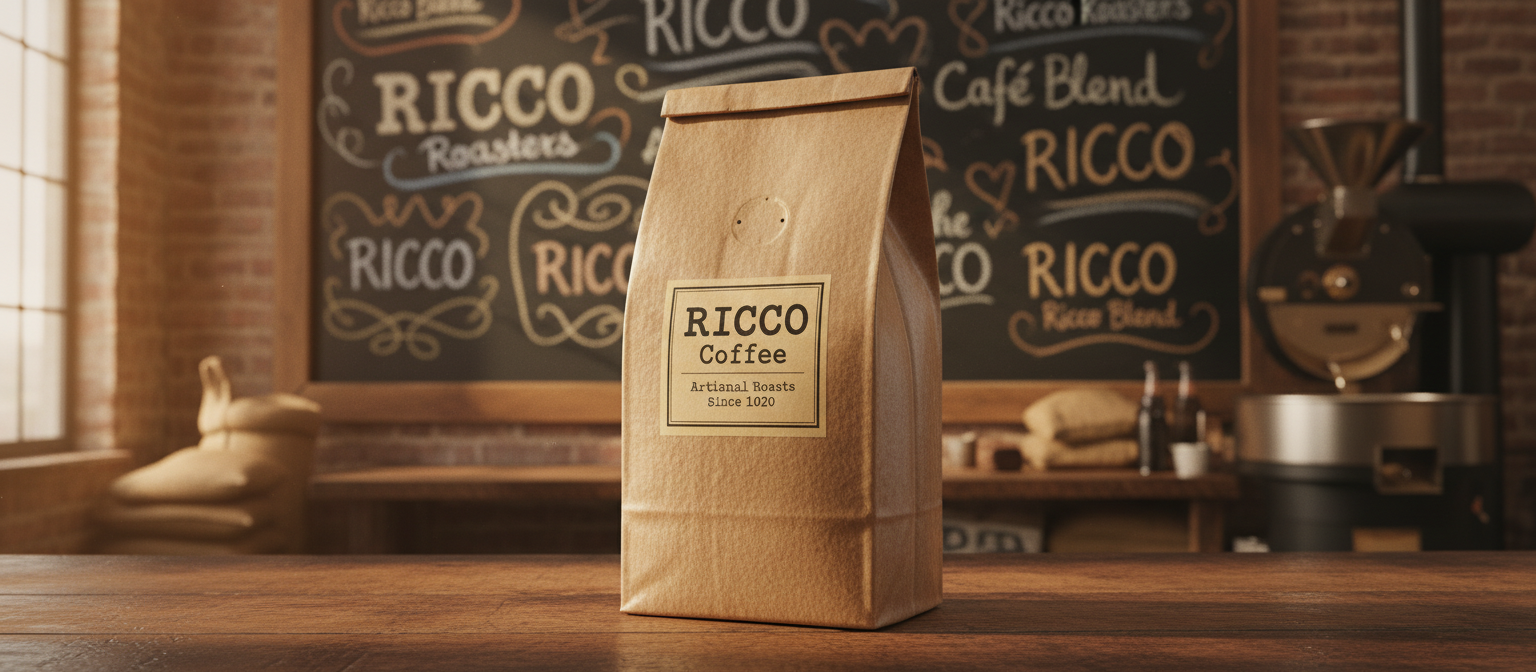 Пачка кави Ricco Coffee на дерев'яному столі з крейдяною дошкою з різними написаннями назви бренду — Ricco, Рікко, Ріко — у обсмажувальному цеху Дніпра