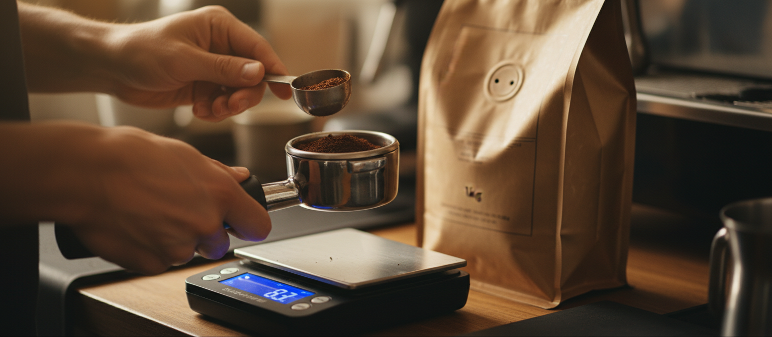 Бариста зважує свіжомелену каву 8,3 г у портафільтрі на електронних барних вагах