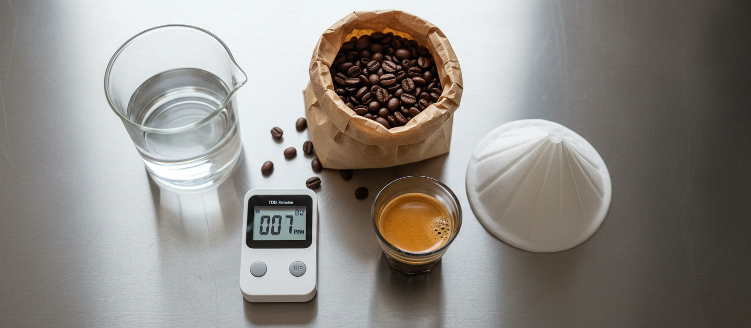 Скляний мірний стакан з водою, цифровий TDS-метр, портафільтр з еспресо і пачка зерен Ricco Coffee на столі обсмажувального цеху у Дніпрі