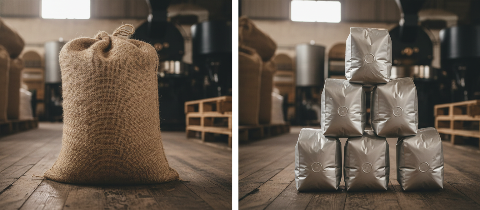 Мішок зерна 20 кг поряд зі стопкою роздрібних пачок 1 кг з клапаном дегазації у складі цеху