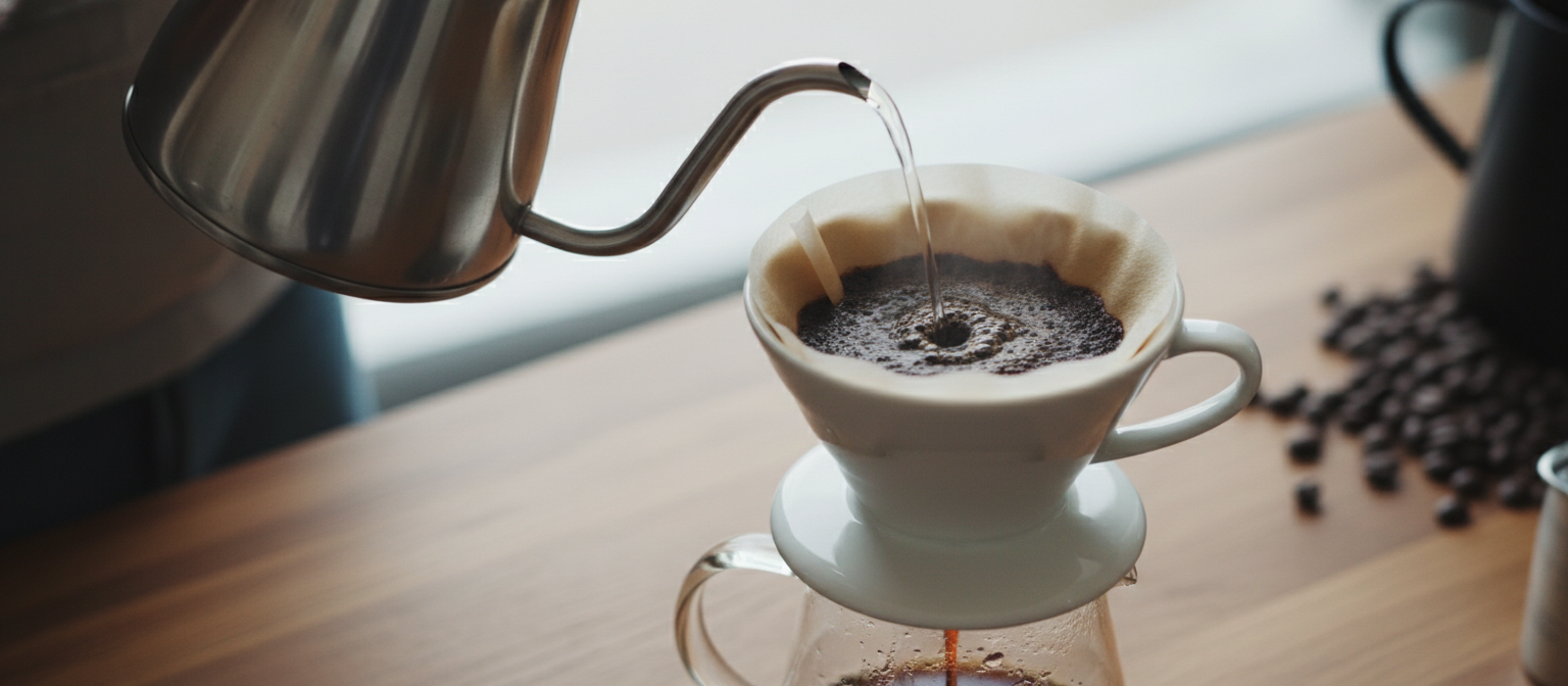 Заварювання V60 — повільне проливання гарячої води по спіралі через паперовий фільтр, рекомендований метод під моноарабіку Crema Aroma Italiano