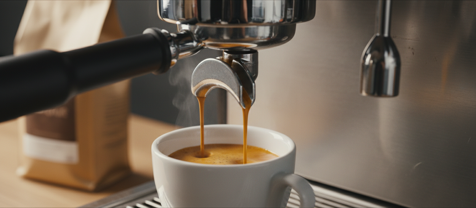 Двопоточний еспресо з ріжка кавомашини у білу чашку з кав’ярною кремою — рекомендований купаж Gold Espresso Italiano 50/50