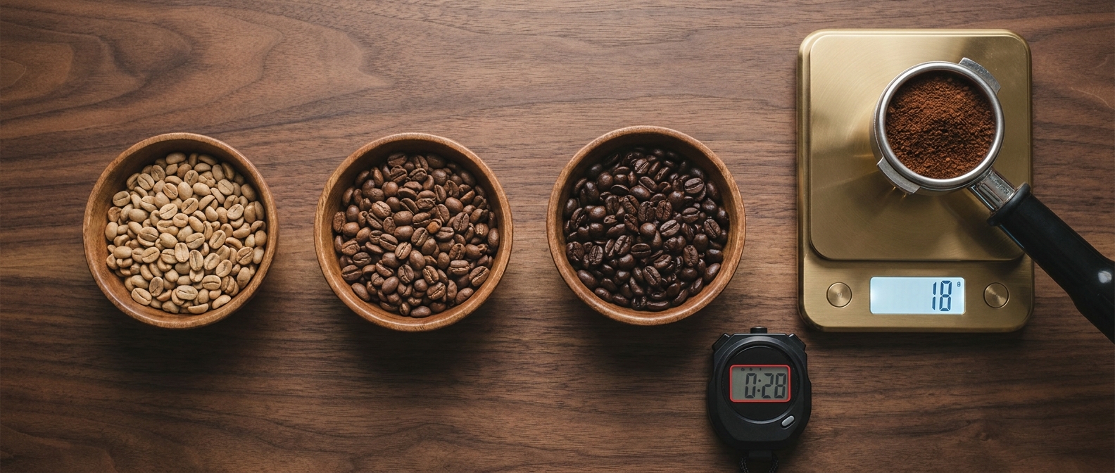 три рівні обсмажки кави, ваги з 18 г зерна та секундомір на 28 секунд