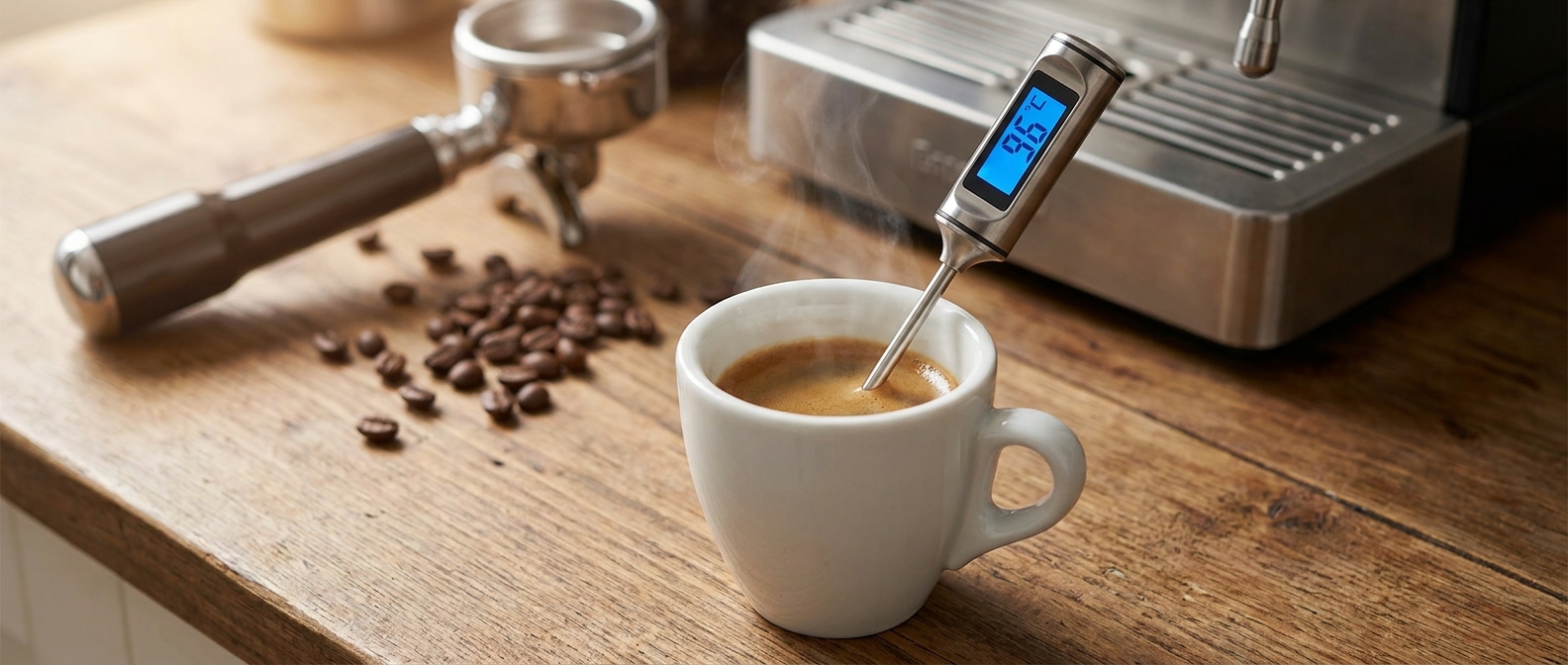 Цифровий термометр у чашці з еспресо показує 96°C — оптимальна температура води для заварювання кави