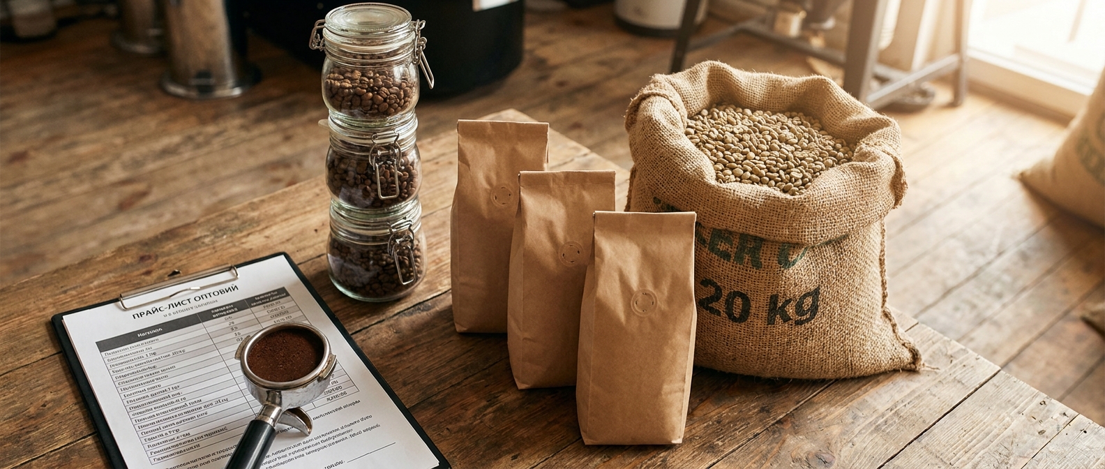 Кава оптом для кав'ярні — мішок 20 кг та пачки 1 кг з клапаном дегазації, обсмажувальний цех Ricco Coffee, Дніпро