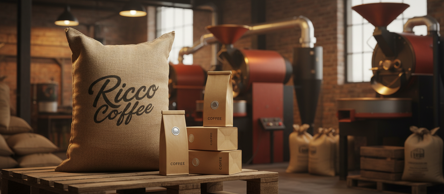 Мішок 20 кг Ricco Coffee і пачки 1 кг з клапаном дегазації — обсмажувальний цех Дніпро