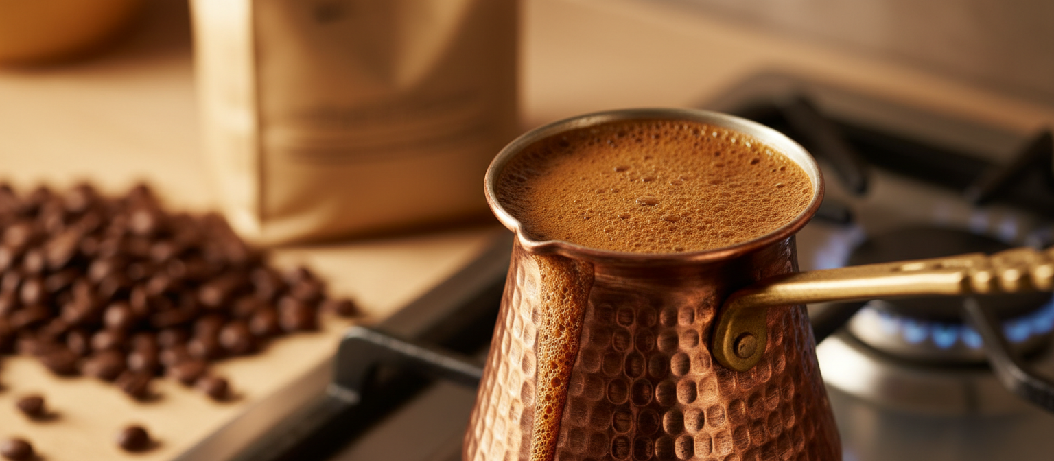 Мідна турка з пінкою на вогні — спосіб заварити каву у джезві з помелом «у пил», цех Ricco у Дніпрі