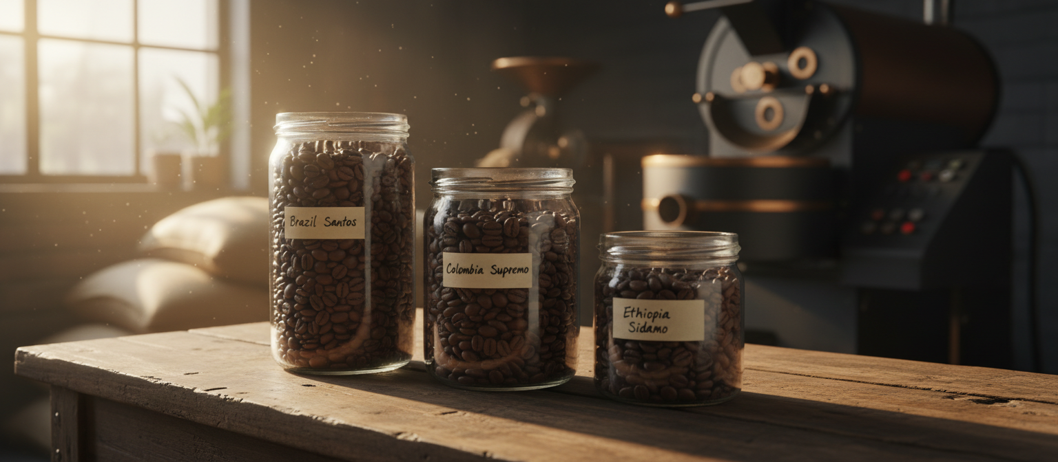 Три скляні банки з зерном моносортів Ricco Coffee — Бразилія Santos, Колумбія Супремо, Ефіопія Sidamo — на дерев'яному столі обсмажувального цеху у Дніпрі