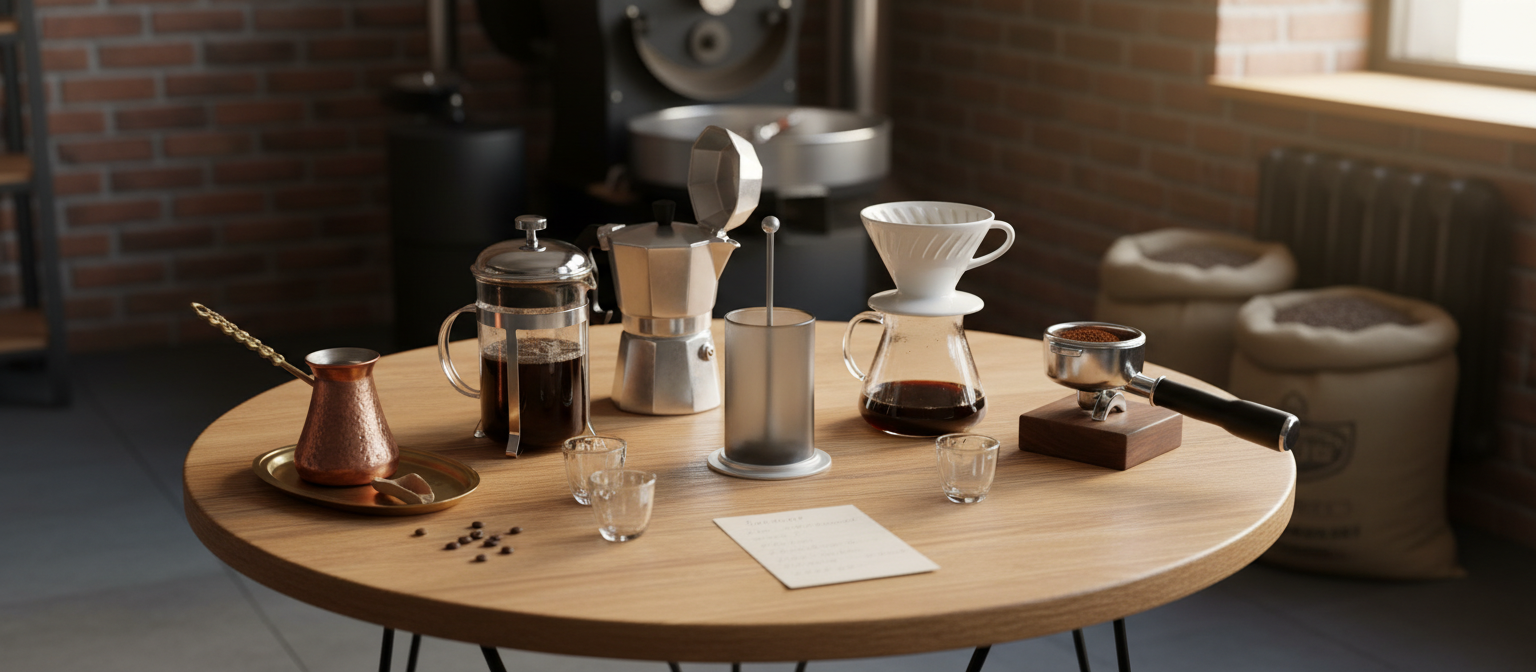 6 способів заварити каву на одному столі — турка, френч-прес, гейзерна, аеропрес, V60 і портафільтр кавомашини у цеху Ricco Coffee у Дніпрі