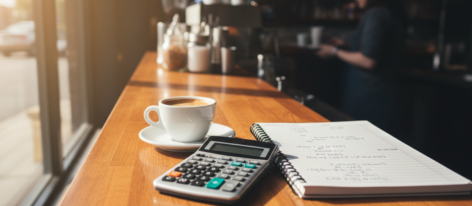 Маржа чашки кави — чашка еспресо поряд з калькулятором і нотатником на барній стійці кав'ярні