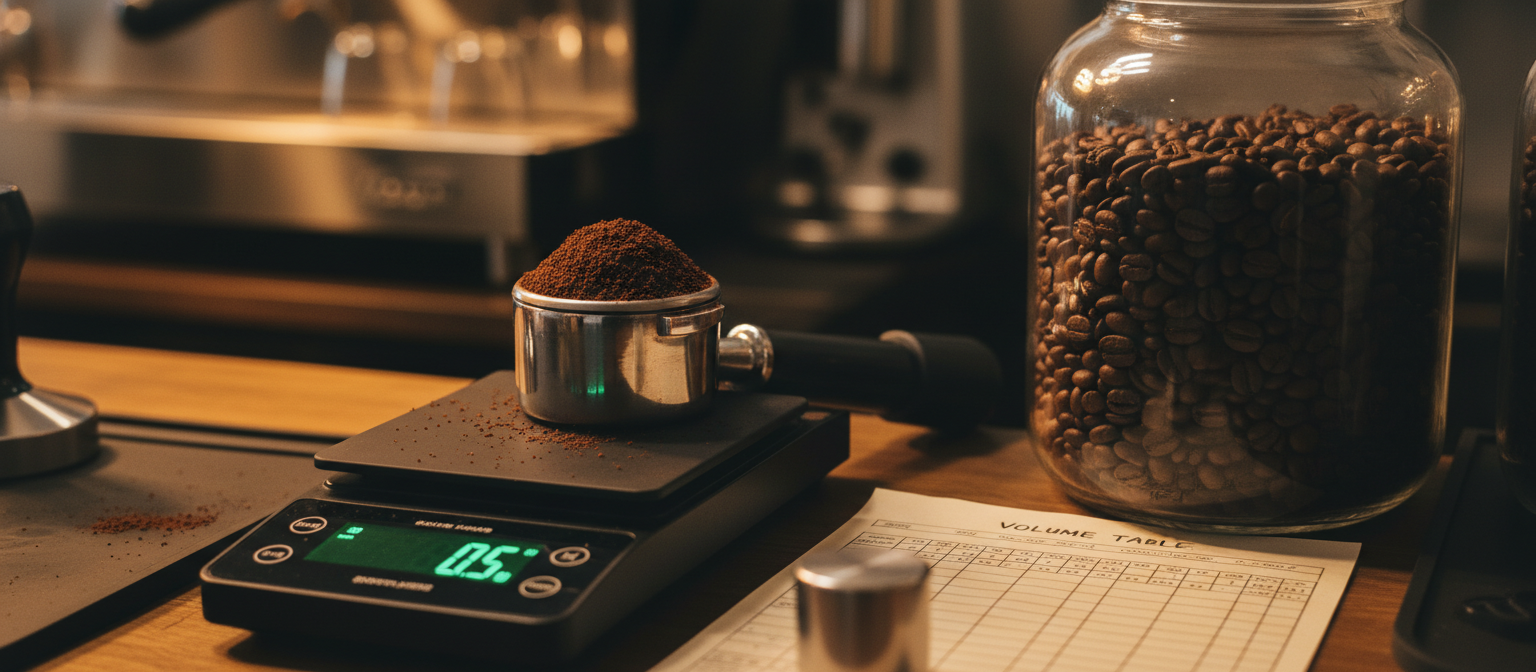 Розрахунок кави для кав'ярні — електронні ваги, портафільтр 18 г, банка зерна Ricco і таблиця обсягу на барній стійці