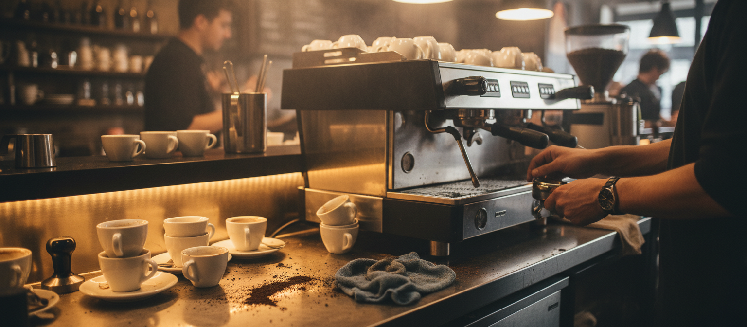Барна стійка кав'ярні з використаними чашками і портафільтром — типові робочі витрати маржі