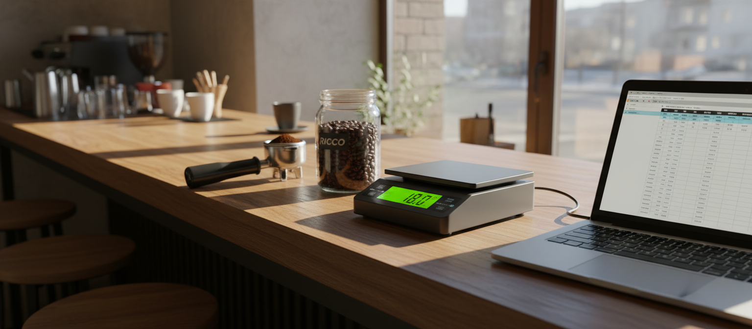 Електронні ваги, портафільтр 18 г та банка зерна Ricco — робочий розрахунок кави для кав'ярні на барній стійці