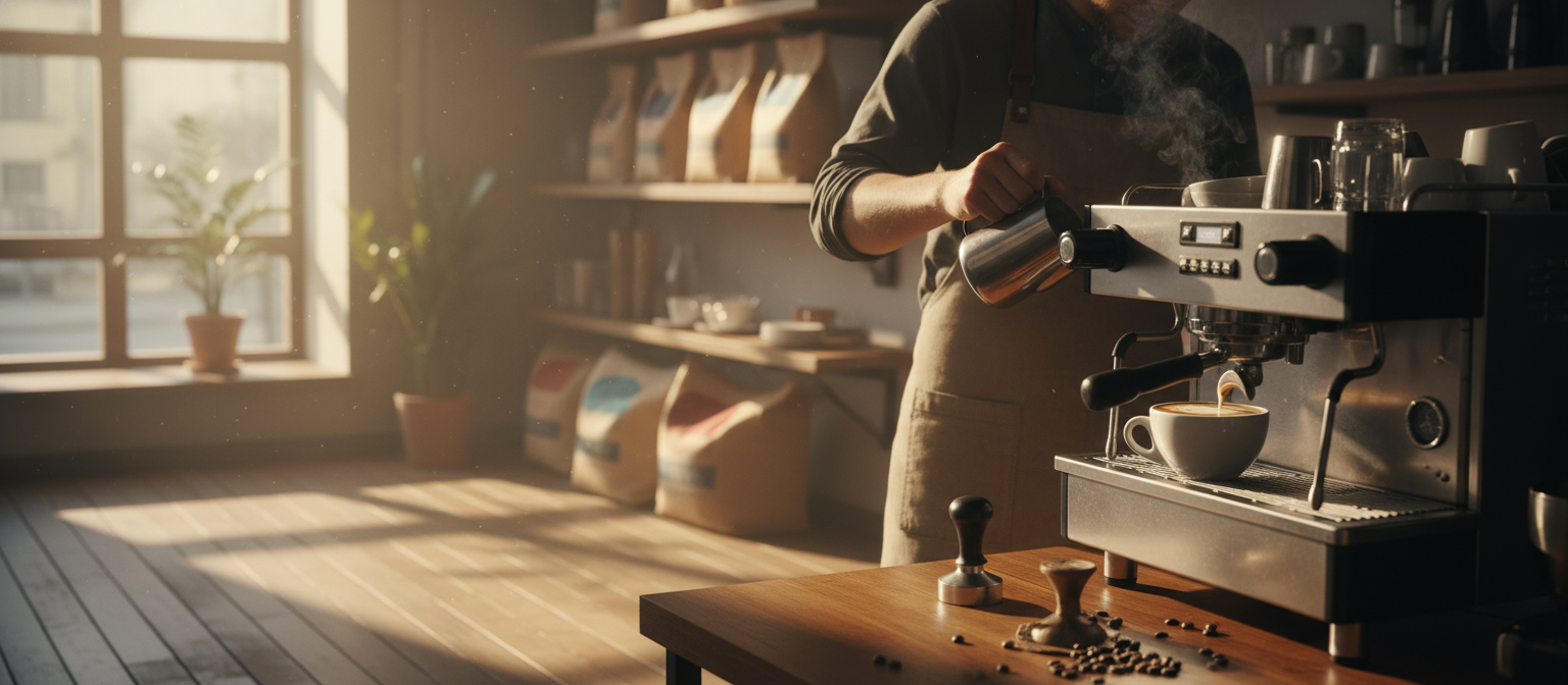 Бариста наливає молоко у чашку капучино у невеликій кав'ярні з пачками зерна на полиці