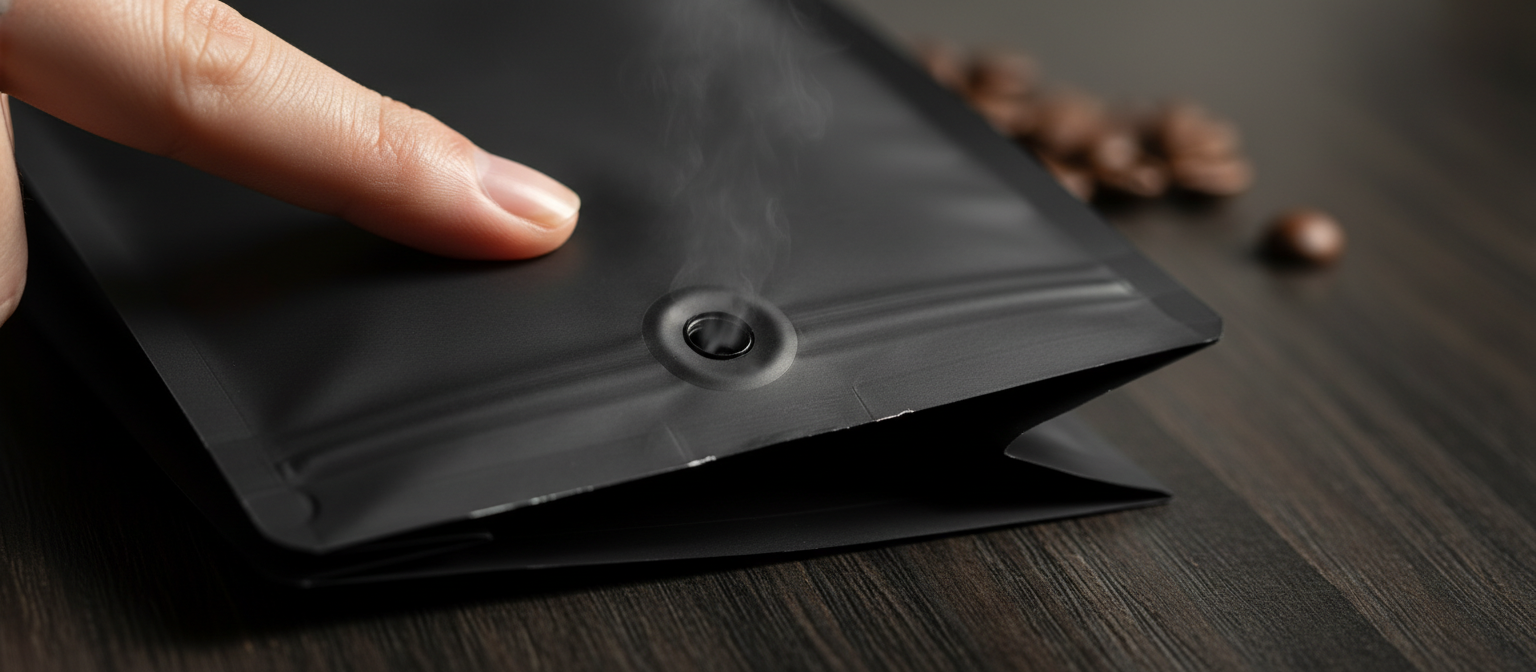 Палець натискає на пачку 1 кг кави — клапан дегазації випускає CO₂, доказ свіжого обсмажування