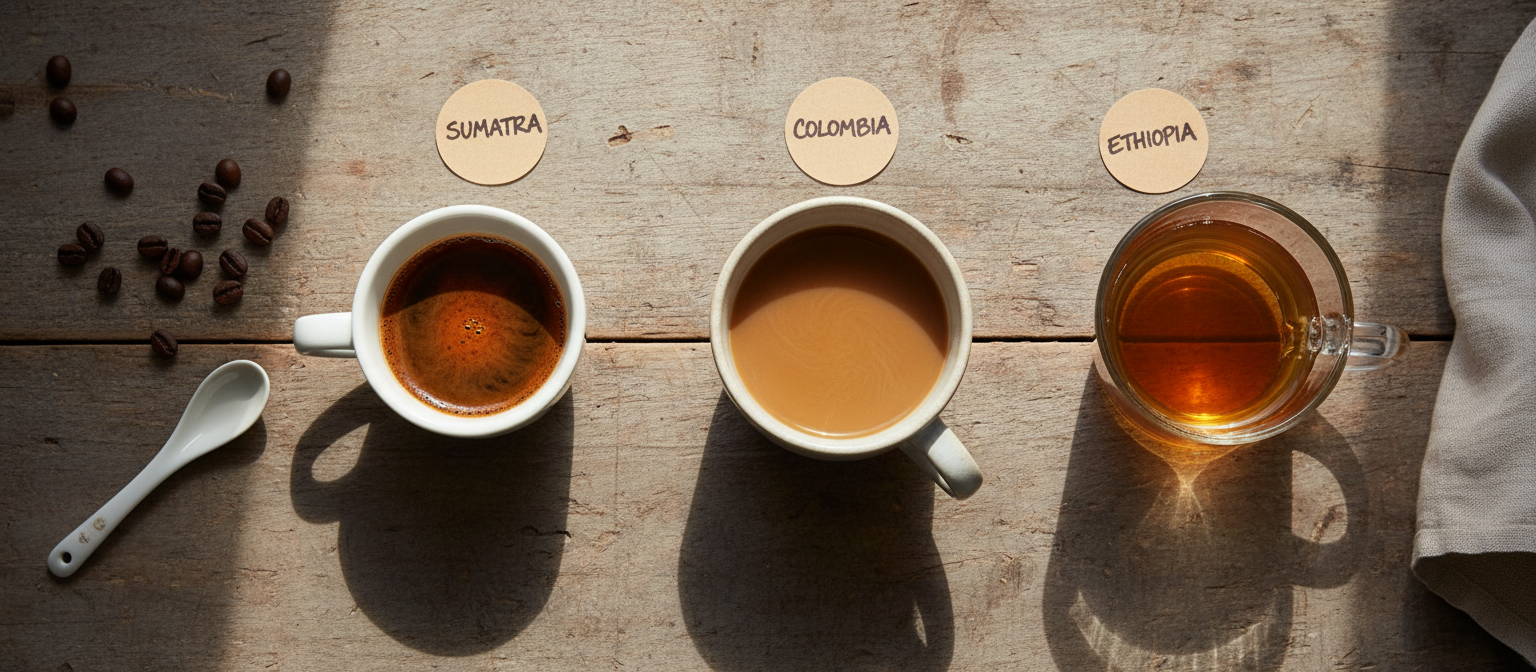 Порівняння трьох моносортів Ricco Coffee у чашці — Бразилія, Колумбія Supremo, Ефіопія Sidamo: різна кислотність, тіло і смак