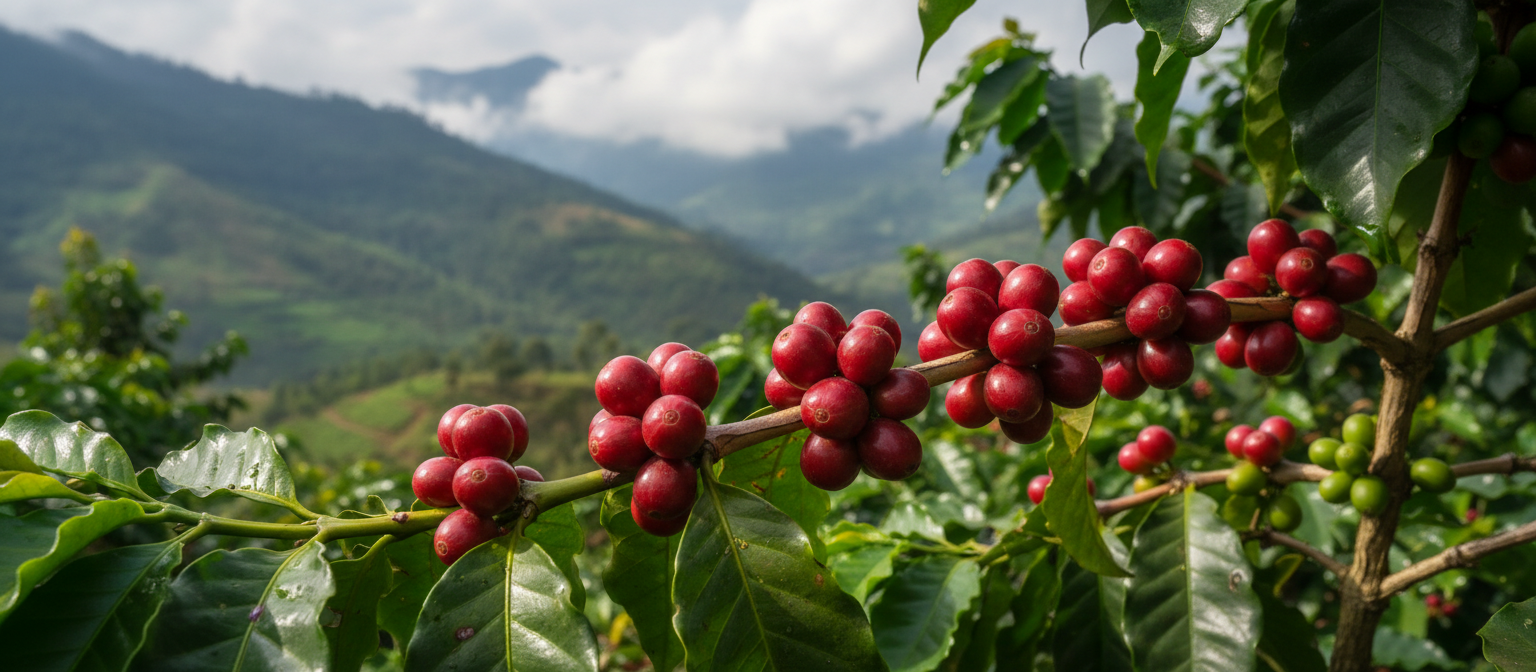 Кавові ягоди сорту Ethiopia Sidamo на гілці в регіоні Сідамо, висота 1600-1900 м, арабіка 100%