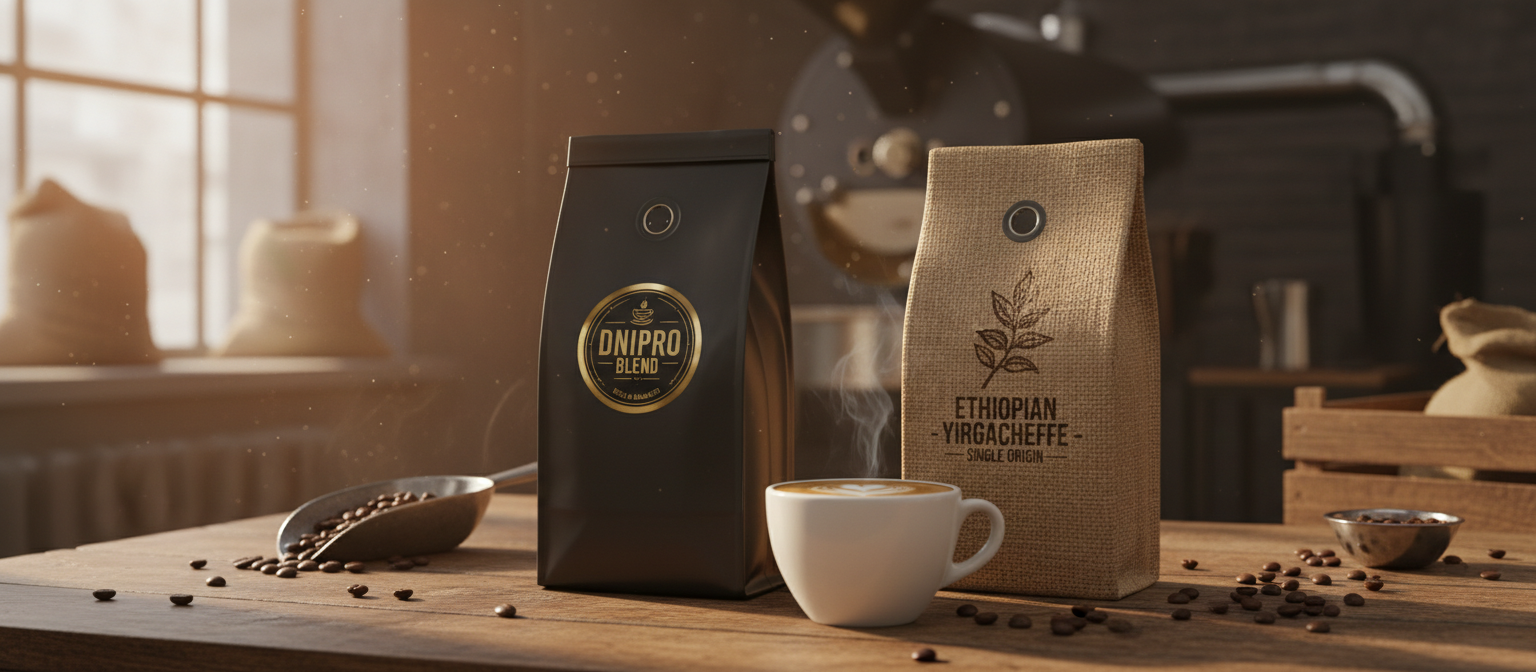 Дві пачки кави Ricco Coffee поруч — купаж і моносорт — порівняння на столі в обсмажувальному цеху