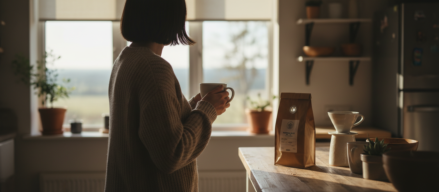 Ранковий ритуал з кавою — пачка Ricco Coffee з клапаном дегазації на кухонній стійці