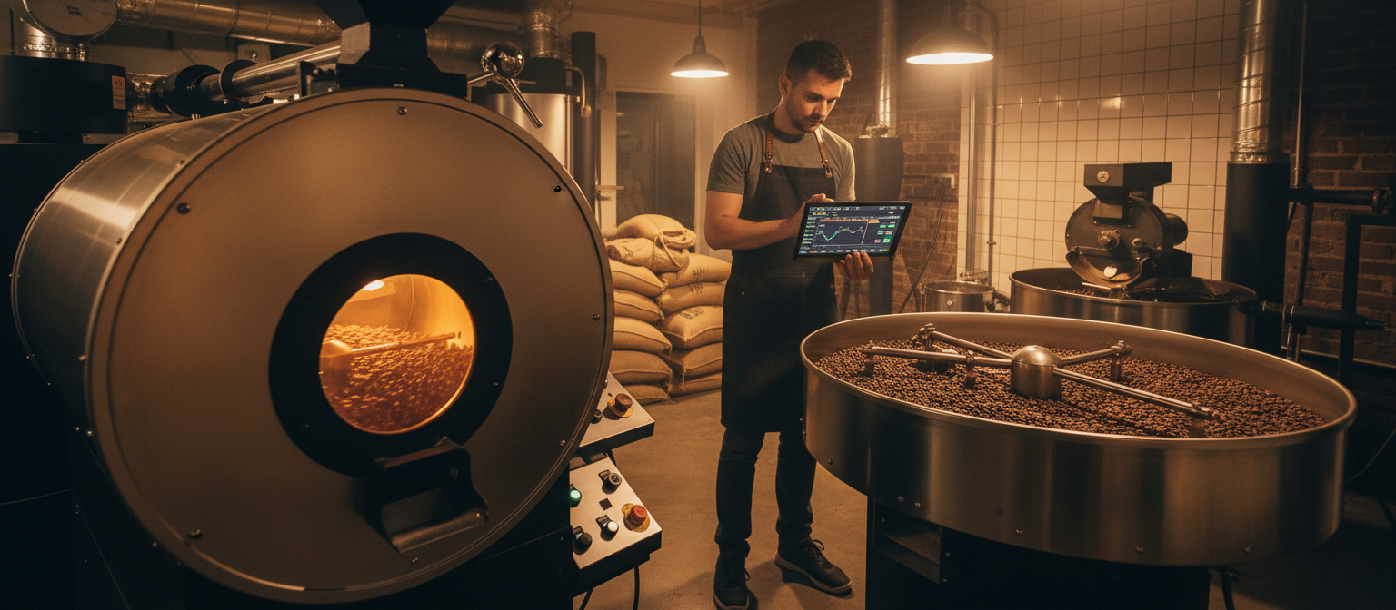 Барабанний обсмажувач у цеху Ricco Coffee — процес обсмажування кавових зерен у Дніпрі