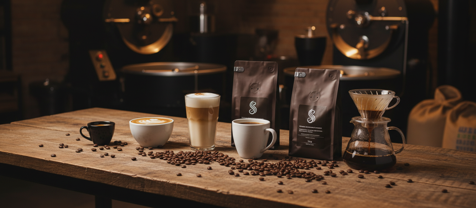 Купаж кави для різних напоїв — 5 типів напоїв і 3 пачки Ricco Coffee на столі цеху в Дніпрі