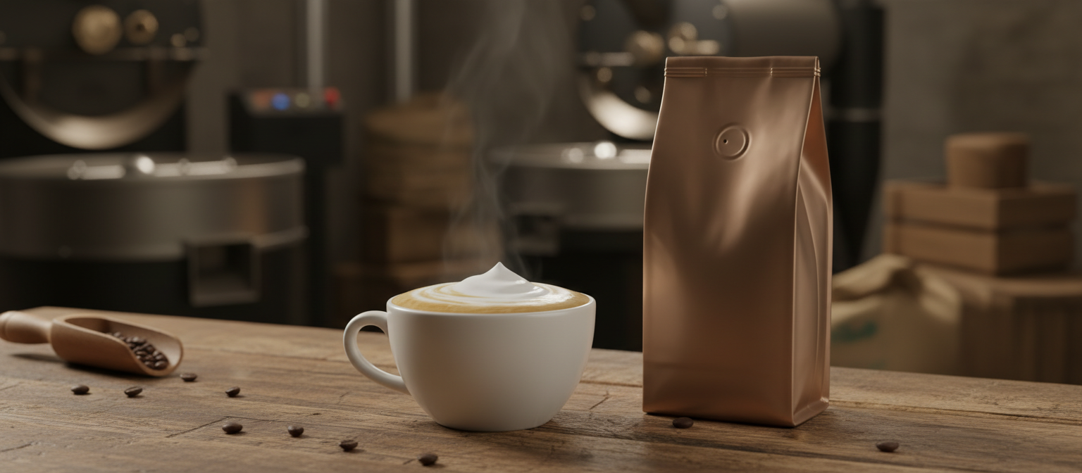 Капучино з густим мікрофомом поруч із бронзовою пачкою Gold Espresso Italiano на дерев'яному столі цеху