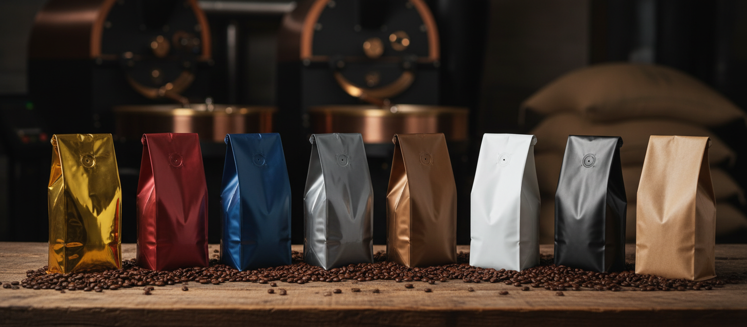 Порівняння 8 купажів Ricco Coffee — від 100% арабіки до 30/70 арабіка/робуста — пачки на столі у порядку від світлого до темного профілю