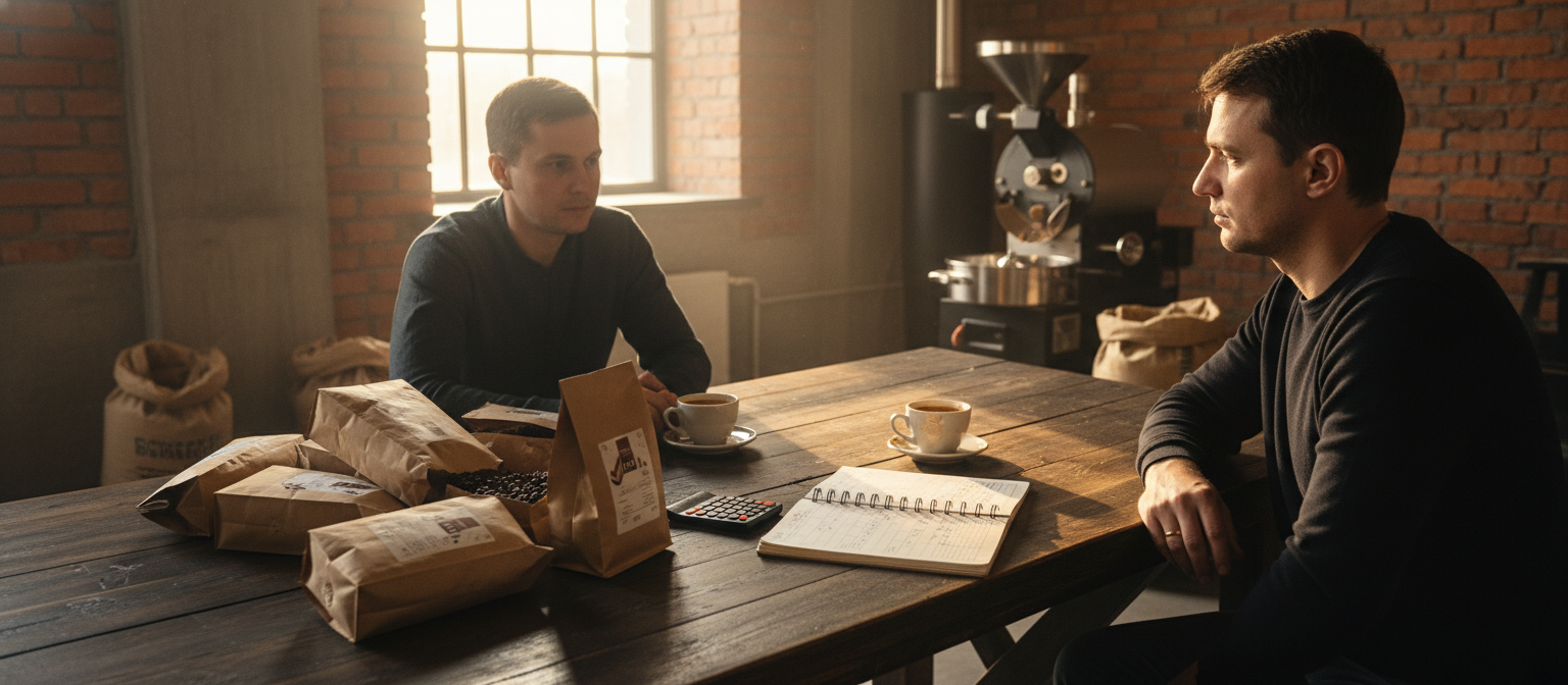 Зустріч власника кав'ярні з постачальником кави у цеху Ricco Coffee у Дніпрі — пачки 1 кг, нотатник з розрахунками