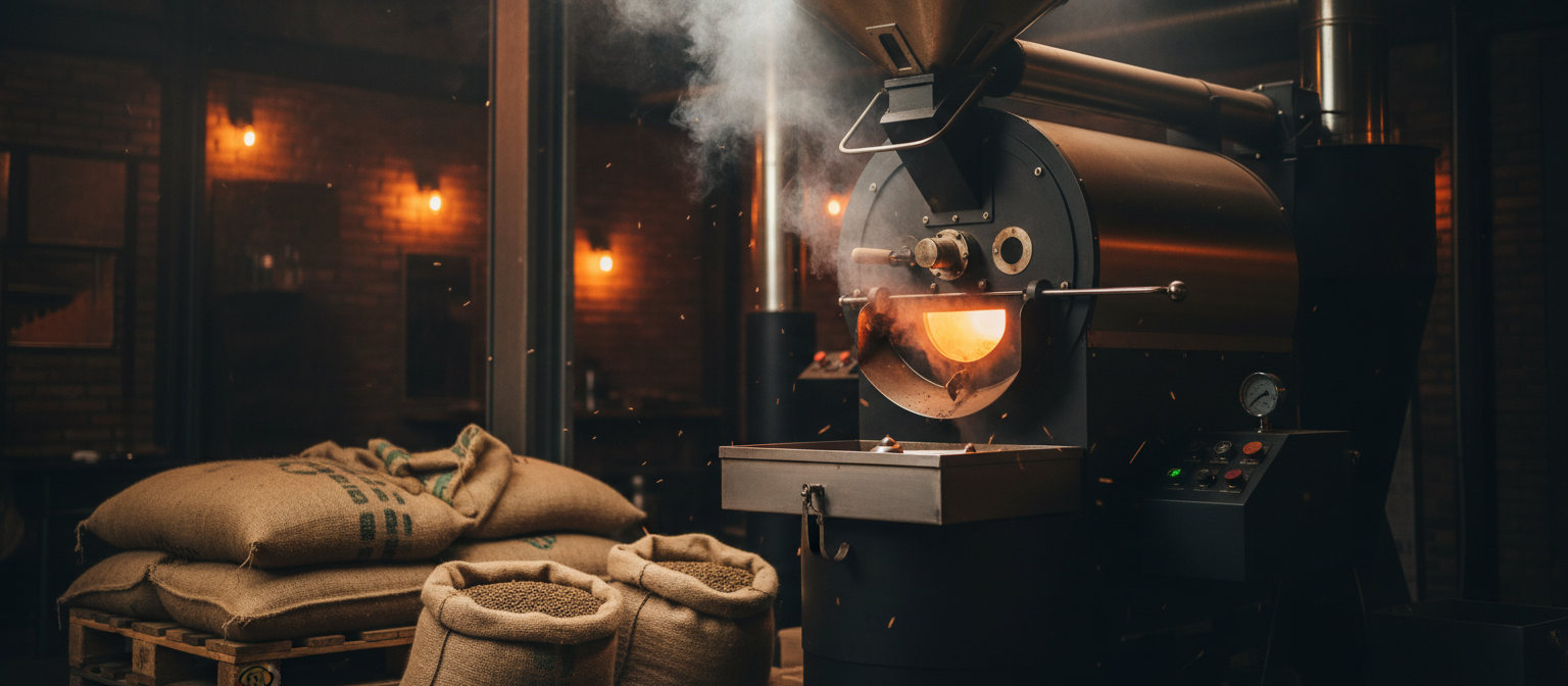 Обсмажка під замовлення у виробничому цеху Ricco Coffee — ростер і мішки зеленого зерна