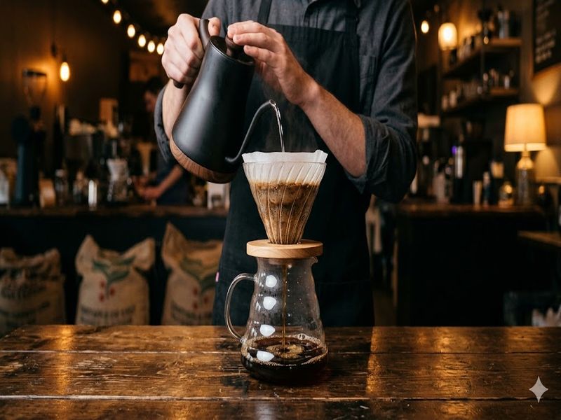 Фільтр-кава V60: прозора бурштинова кава крапає крізь паперовий фільтр у скляний глечик — гравітаційна екстракція без тиску, цех Ricco Coffee у Дніпрі