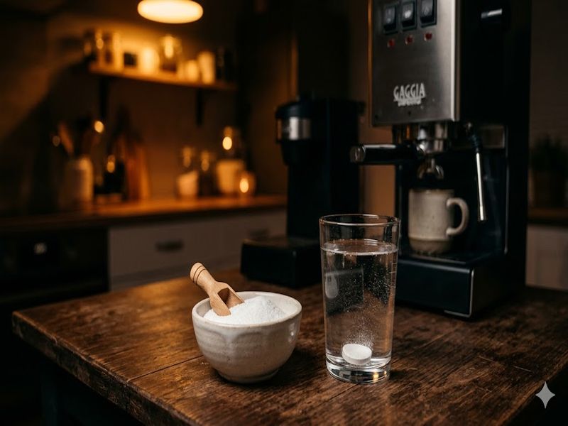 Лимонна кислота у мисці і таблетка для декальцинації кавомашини поруч зі склянкою води — порівняння засобів для чистки