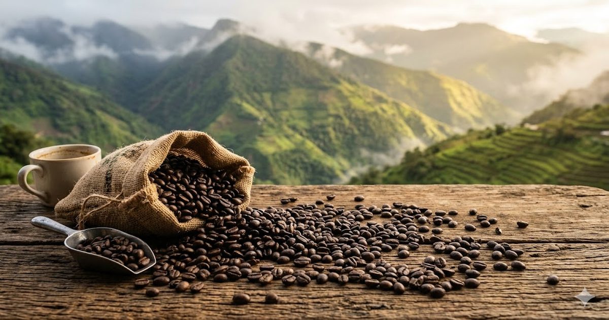 Болівійська кава — зерна арабіки з регіону Yungas на дерев'яній поверхні на тлі Андських гір