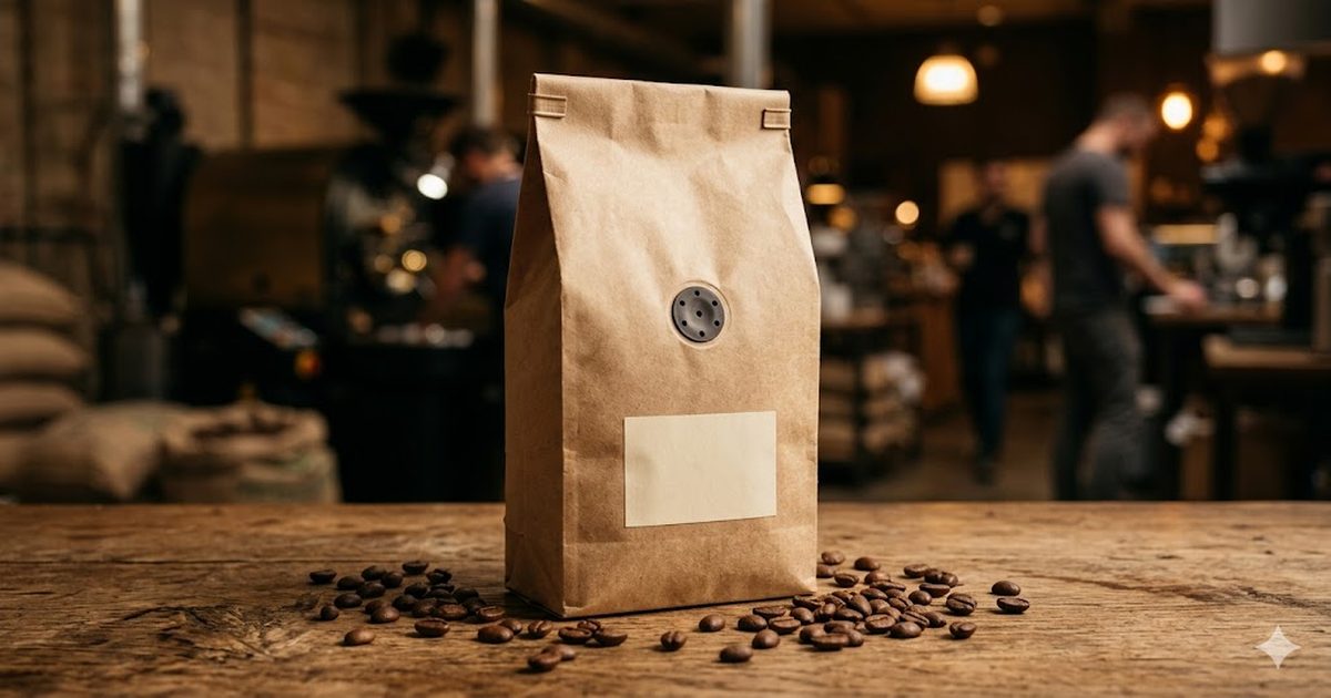 Пачка кави Ricco Coffee з клапаном дегазації та етикеткою на дерев'яному столі — як читати етикетку кави, обсмажувальний цех у Дніпрі