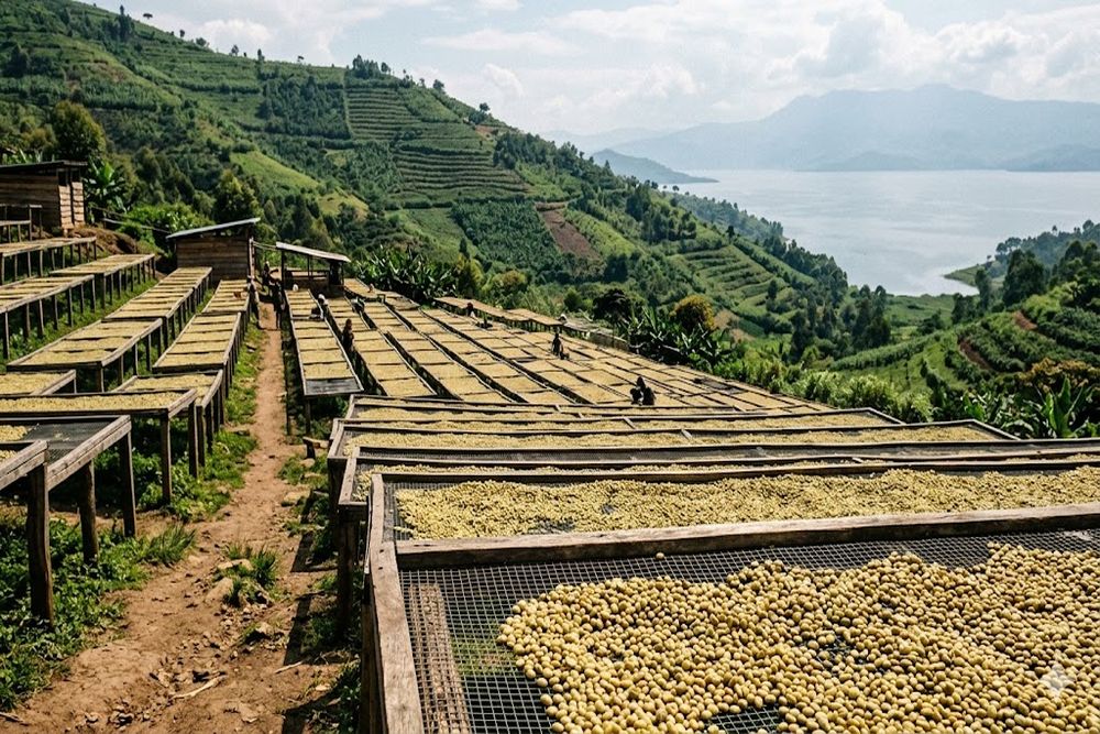 Промивна обробка кави ДР Конго: зерно сушиться на піднятих сітчастих столах біля озера Ківу