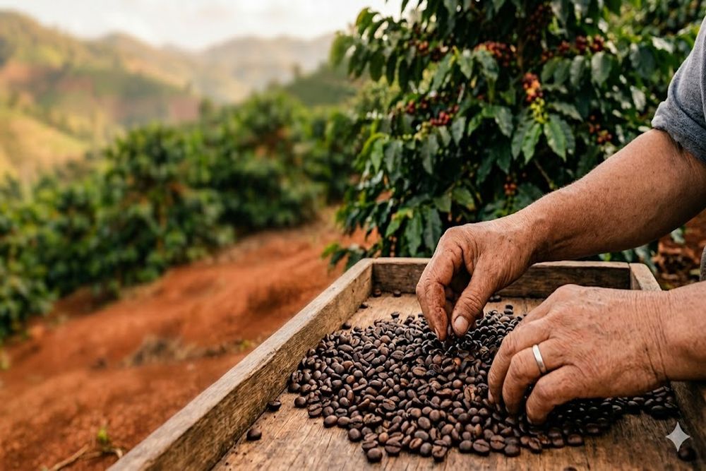 Свіжообсмажені зерна арабіки з гірського регіону Sierra Maestra на тлі червонястого ґрунту