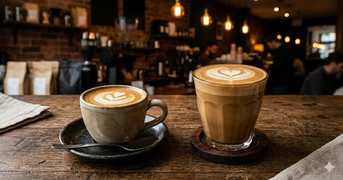 Flat white у малій керамічній чашці і латте у великій склянці поруч — порівняння розміру і текстури пінки