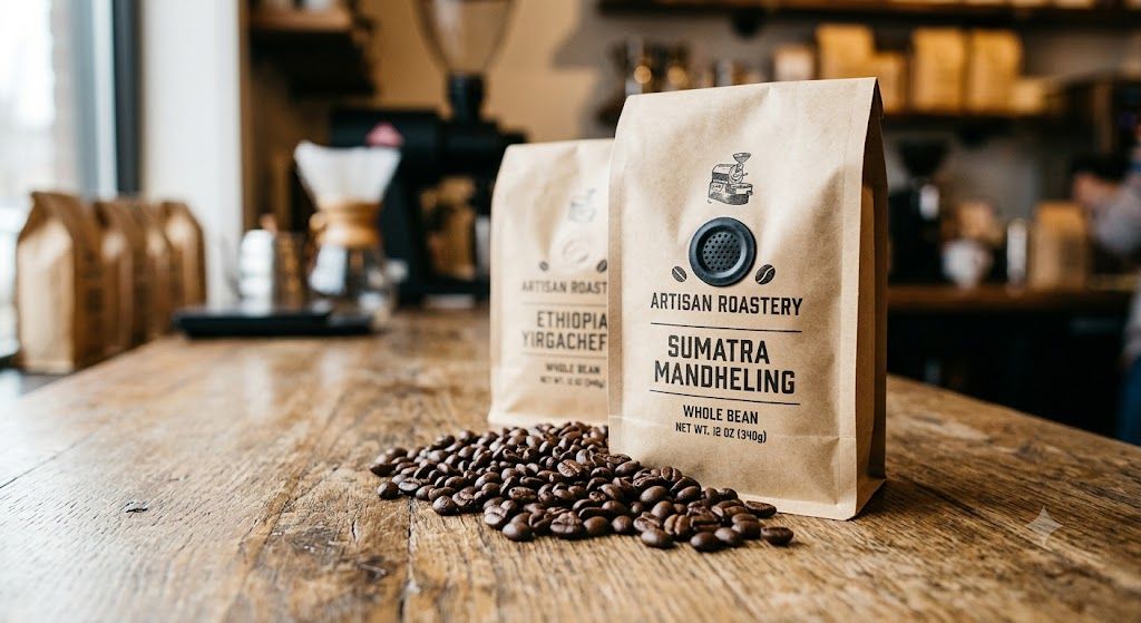 Роздрібні пачки кави Ricco Coffee з клапаном дегазації на полиці магазину