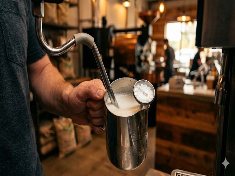 Баріста спінює молоко до оксамитової мікропінки для flat white — температура 60–65°C, цех Ricco Coffee у Дніпрі