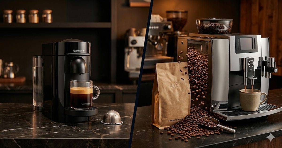 Nespresso vs зернова кавомашина — капсульна машина з алюмінієвою капсулою зліва і зернова машина з пачкою свіжого зерна Ricco Coffee справа, темний фон, тепле освітлення