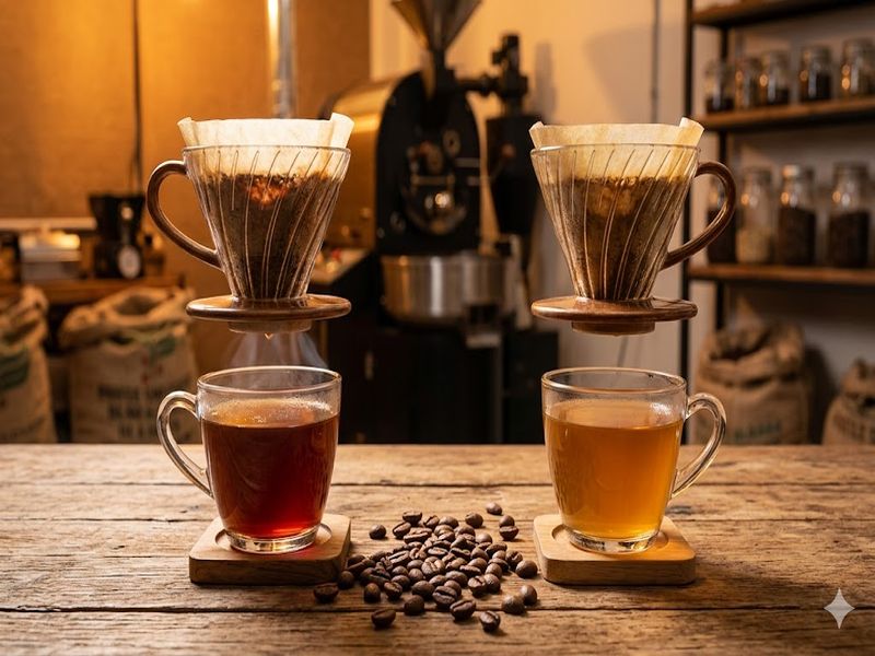 Два варіанти Pacamara: ліворуч — Червоний Pacamara з насиченим темно-червоним кольором напою, праворуч — Жовтий Pacamara зі світлішим золотистим профілем, на дерев'яному столі цеху Ricco Coffee