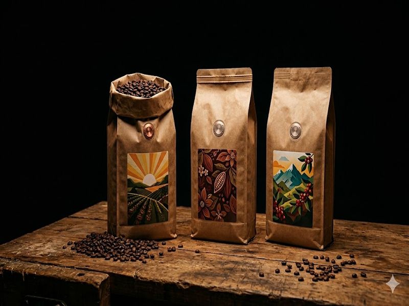Три купажі Ricco Coffee у пачках 1 кг з клапаном дегазації — вибір для flat white і латте, цех у Дніпрі