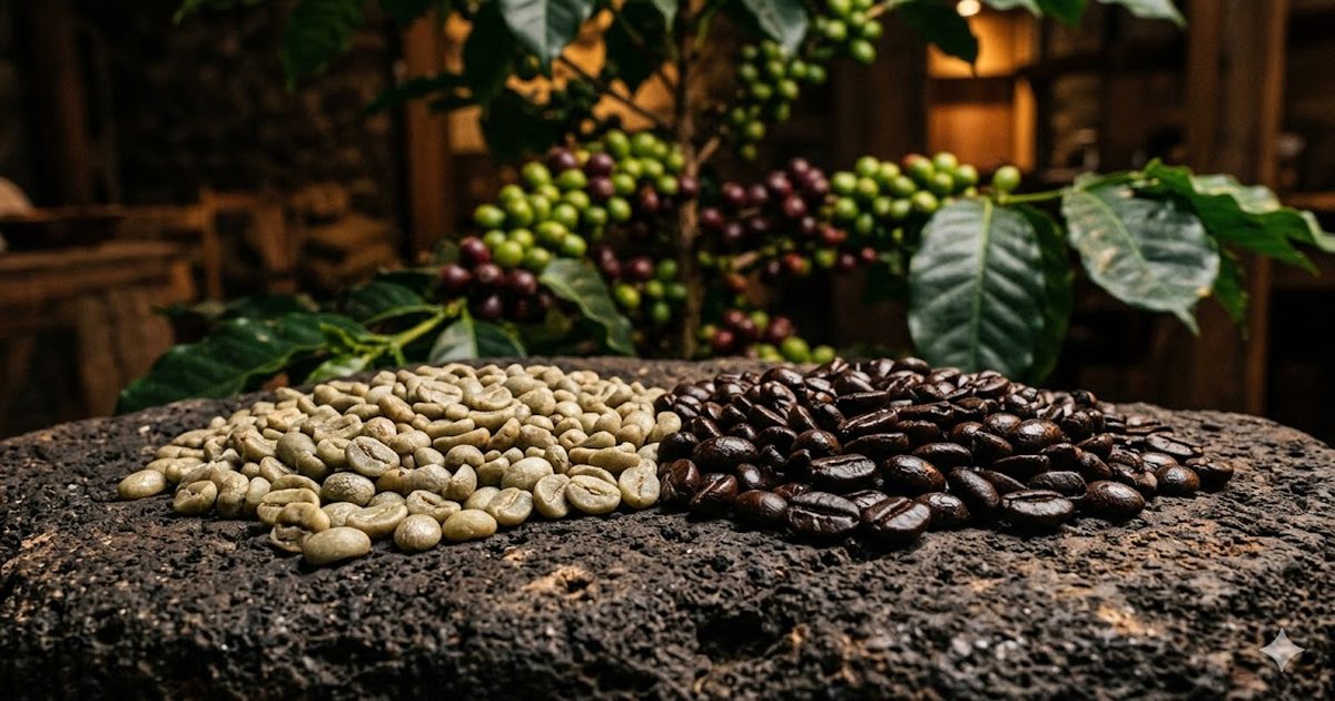 Сальвадорська кава Pacamara: гігантські обсмажені зерна на вулканічному камені, гілка кавового дерева з великими вишнями на фоні, цех Ricco Coffee