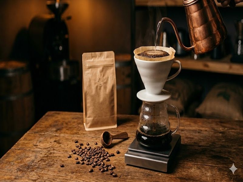 Заварювання сальвадорської кави Pacamara у V60 — великі зерна поруч з дрипером, пачка кави з клапаном дегазації на фоні, обсмажувальний цех Ricco Coffee у Дніпрі