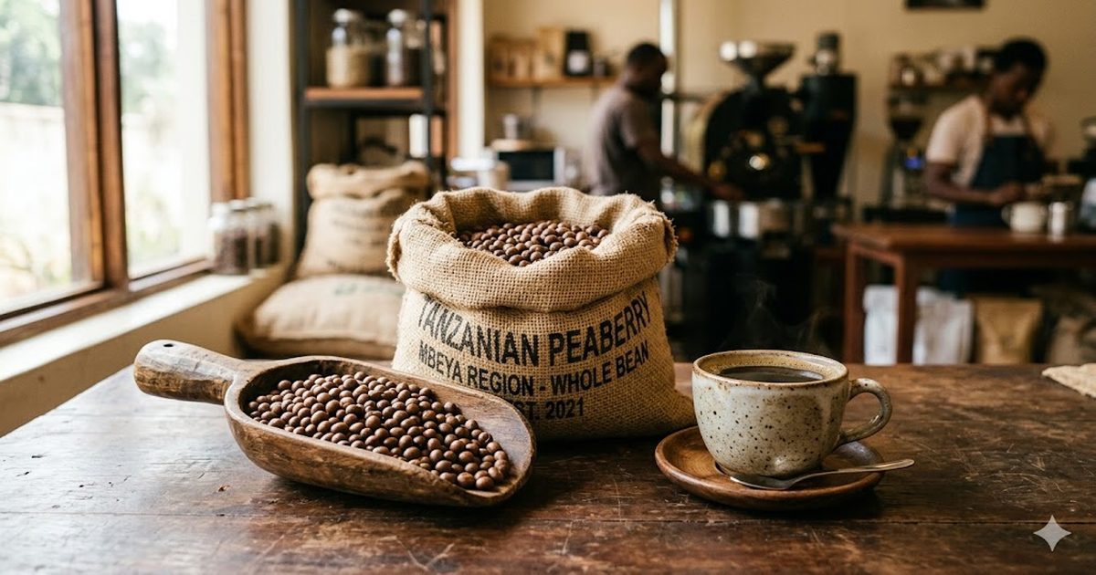 Танзанійська кава Peaberry: совок круглих зерен горошку, чашка кави і мішковина