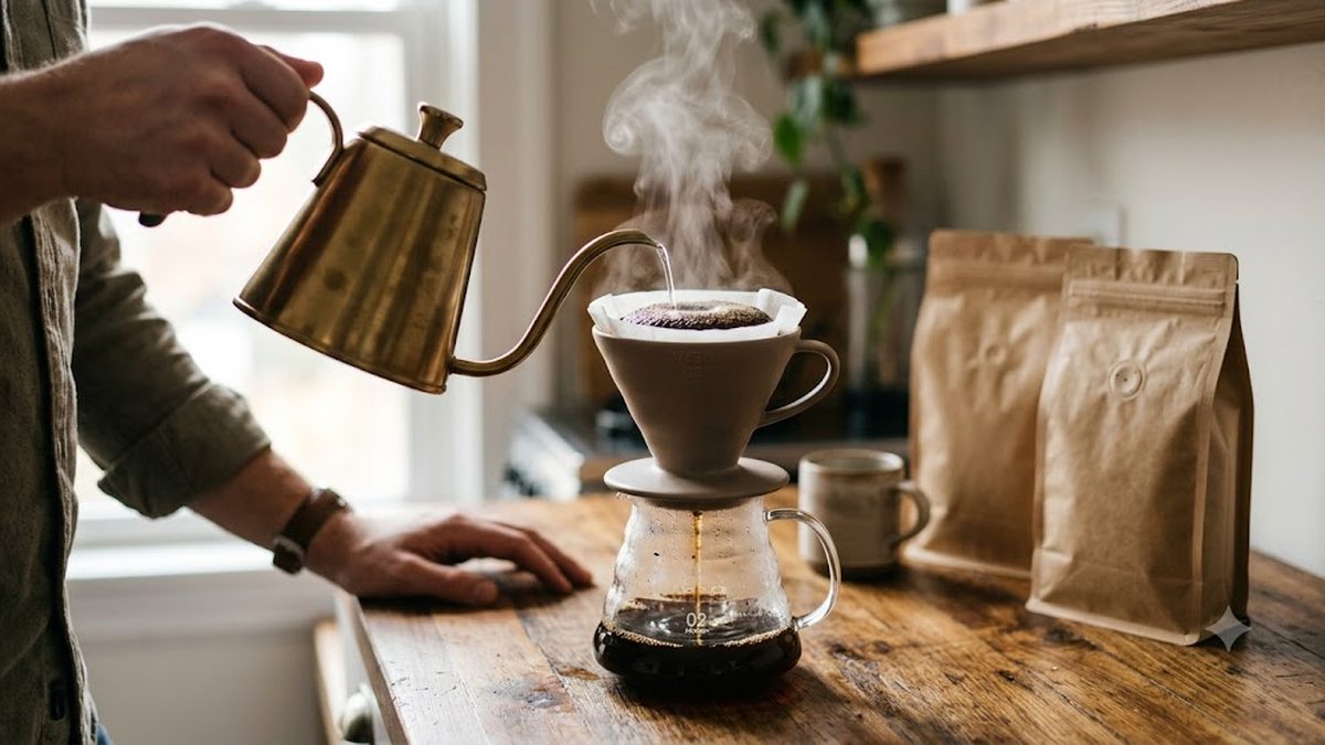 Пуровер V60: гарячу воду наливають спіраллю на кавову гущу у воронці, поруч крафтові пакети кави
