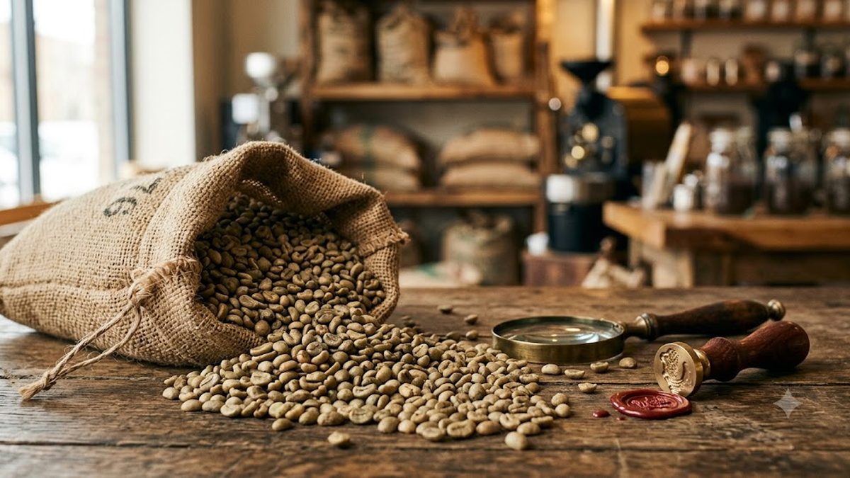 Зелені кавові зерна та печатка сертифіката як символ Fair Trade каві