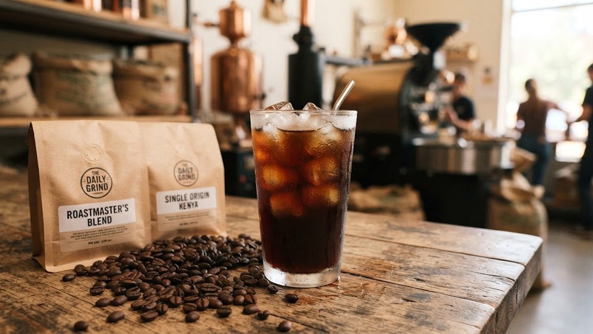Холодна кава cold brew у склянці з льодом на тлі крафтових пачок кави з клапаном дегазації