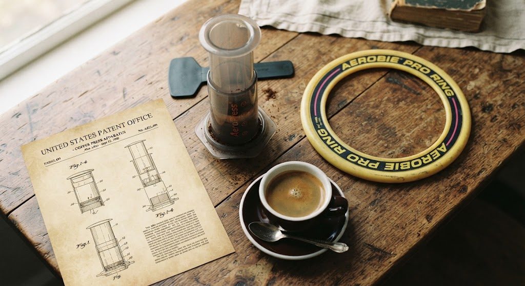 Історія винаходу AeroPress: пристрій поруч з патентним кресленням і літаючим диском Aerobie
